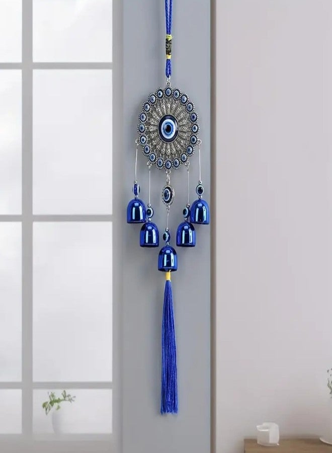 جو هوكد جرس معلق على شكل عين الحسد من جو هوكد، طوله 35 سم - ديكور حائط نزار باتو مع 5 أجراس زجاجية زرقاء وشرابة | تميمة حماية منزلية، تميمة حظ، زينة جدارية على شكل عين الحسد (التصميم أ) - Image 1